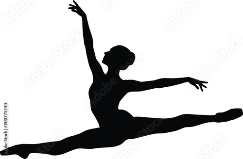 Ballet dancer silhouette performing grand jeté leap, graceful female ballerina jump pose isolated on white background artistic dance illustration