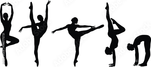 Ballet dancer silhouettes collection, graceful dance poses, female ballerina movements, artistic performance vector illustration isolated on white background