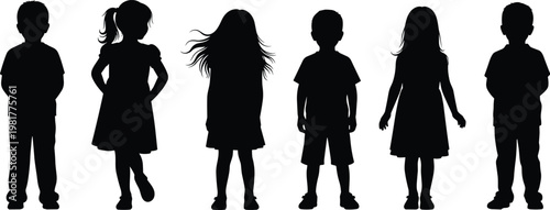 Black and white silhouettes of six children standing side by side in different poses, diverse hairstyles, clothing, and posture illustration