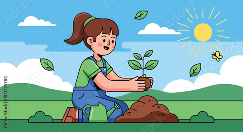 A young girl planting a small green seedling into the earth under a sunny sky with clouds and a butterfly, symbolizing environmental care and growth.