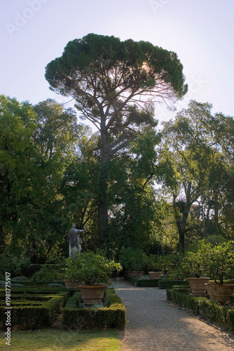 Giardino Corsini al Prato, Florence, Tuscany, Italy: view of the garden with box hedging, lemon trees and statuary