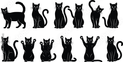 Foto Cat silhouettes collection vector, cute pet cats poses set, sitting, standing, p