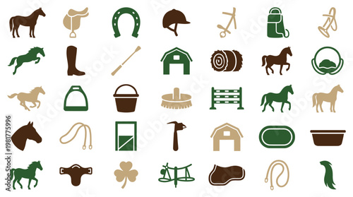 Horse Care and Horseback Riding Gear Silhouette Icon Collection