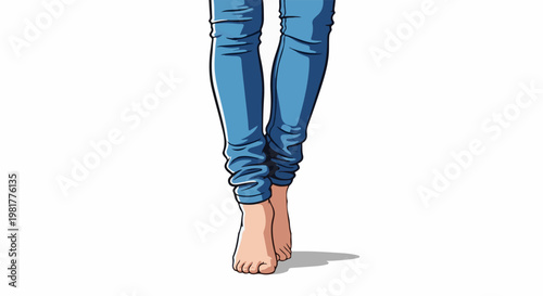 Person's legs in blue jeans with bare feet walking forward