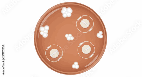Petri dish with agar, pills, and microbial colonies for testing