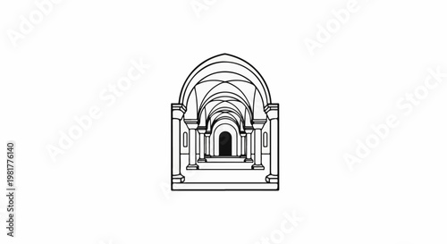 Perspective view of a long, arched corridor with symmetrical columns