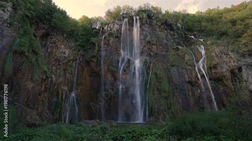 Wonderful Slow Motion Waterfall in Plitvice Lakes National Park with beautiful waterfalls and lush green surroundings