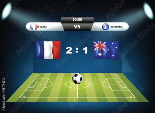 France vs Australia soccer match scoreboard template with stadium lights and football field