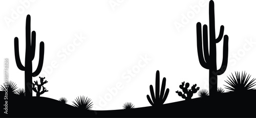 Desert landscape silhouette featuring cactus plants and arid terrain isolated black vector illustration for nature environment and western scenery design use