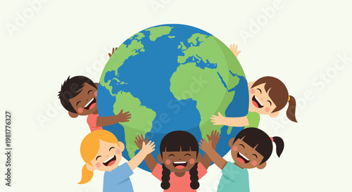 Diverse children from around the world happily embracing a large Earth globe, symbolizing unity, peace, and global friendship.
