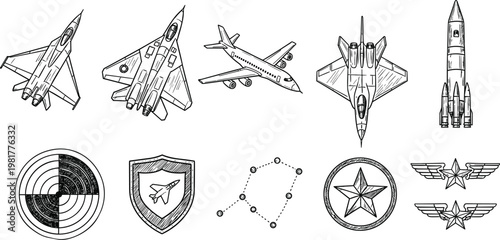 Hand Drawn Aviation and Military Aerospace Icons Featuring Fighter Jets Commercial Airliner Rocket Missile Radar Shield and Air Force Wing Badges