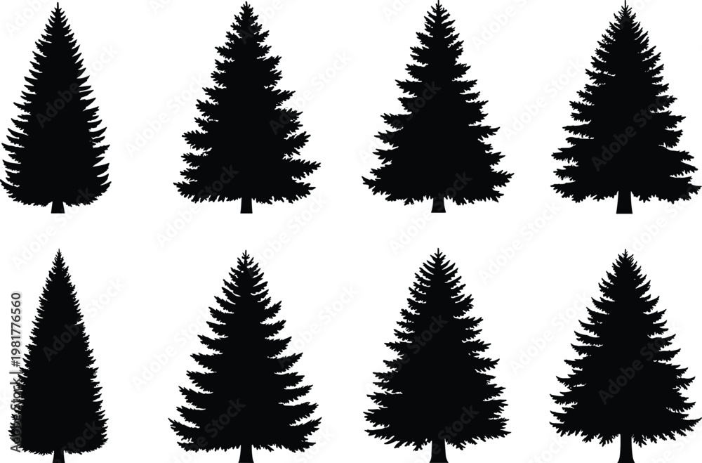 Obraz premium Fir tree silhouettes collection vector, evergreen pine forest set, black conifer trees isolated on white background illustration design