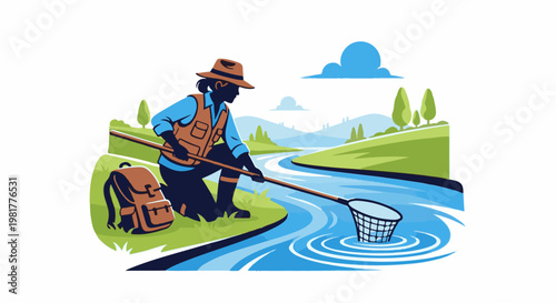Person in fishing gear crouches by a winding river with a net, ready to catch fish