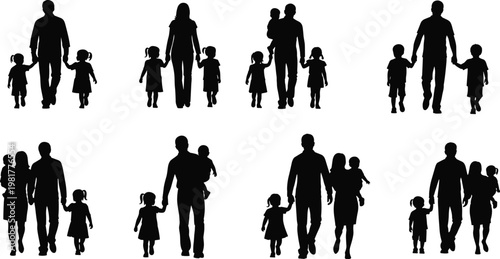 Family silhouettes collection vector, parents with children walking, happy family scenes isolated on white background illustration design set