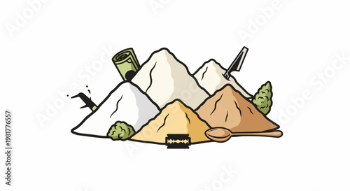 Piles of powders and money with drug paraphernalia