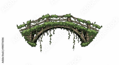 Overgrown wooden arch bridge with hanging vines and lush green foliage