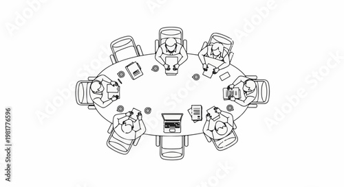Overhead view of a business meeting with people around an oval table