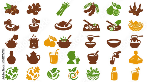 Natural Wellness and Herbal Beverage Preparation Process Graphic Icon Set