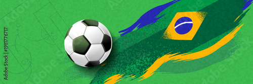 Modern abstract Brazil football background with dynamic green and yellow brush strokes, soccer ball element