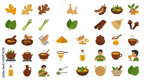 Traditional Herbal Medicine Preparation and Natural Remedy Ingredients Icon Set