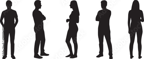 Black vector silhouette of a man and woman standing alone in simple people illustration style