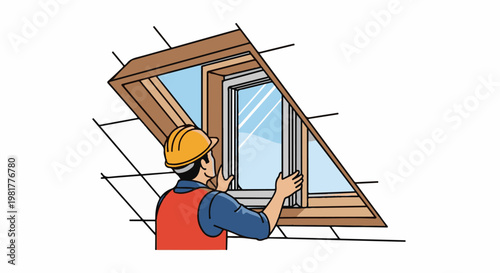Person in hard hat installs window in roof attic construction