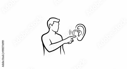 Person pointing at a hearing aid in an ear with sound waves