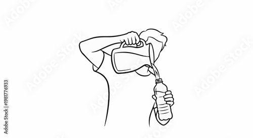 Person pouring liquid from a pitcher into a plastic bottle