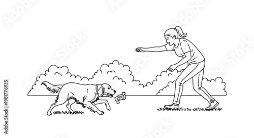 Person playing fetch with a dog in a grassy area with clouds in background