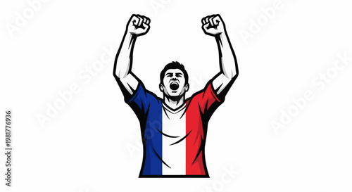 Person in striped jersey with hands raised in victory, triumphant pose