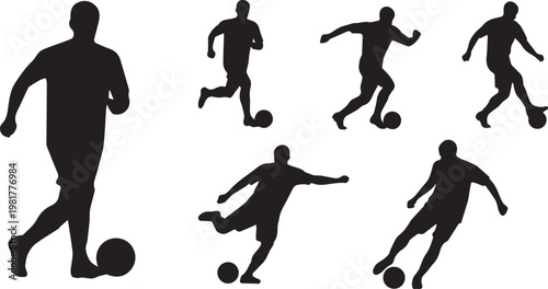 Soccer player silhouette set with football action poses dribbling kicking and running in vector style