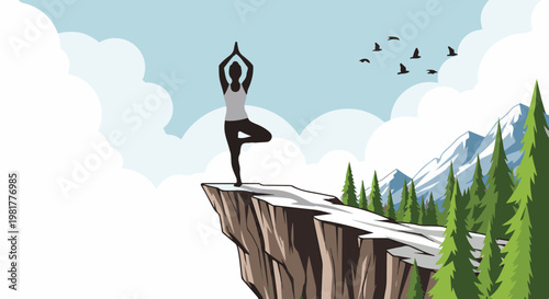 Person practicing yoga tree pose on a cliff edge with mountains and birds