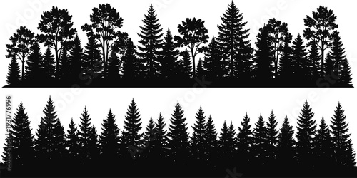 Forest skyline silhouettes vector, pine and deciduous trees panorama, black woodland landscape borders isolated on white background illustration set