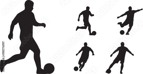 Football player action silhouettes with dribbling kicking and running poses for sports design