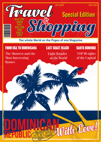 Travel & Shopping Magazine Fake Cover. Dominican Republic with Love. Attraction East Coast Beach Palm Trees Illustration. Beach Panorama, Dominican Flag, Vector Template for Touristic Posters, Covers