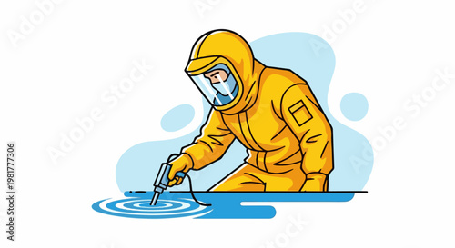 Person in yellow hazmat suit using tool on water surface