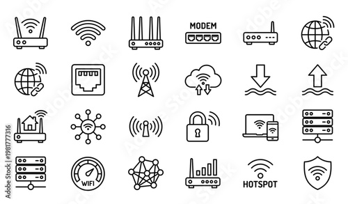 WiFi router line icon set with wireless network symbols modem and internet connection elements for web and mobile UI design