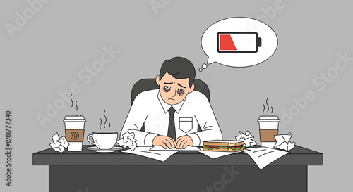 Illustration of a businessman sitting at a desk with a low battery icon symbolizing exhaustion and burnout at work