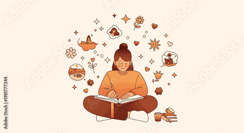 Serene young woman journaling her thoughts and creative aspirations, surrounded by a vibrant, whimsical swirl of imaginative symbols and inspiring ideas, fostering personal growth