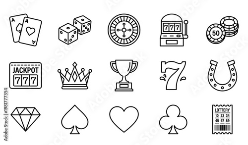 A set of casino icons and symbols in a flat line art style