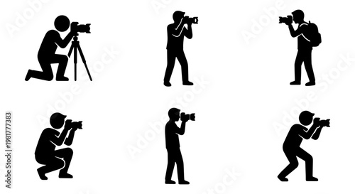 Photographer silhouette icon set, professional cameraman figures with digital cameras and tripod, 6 black vector pictograms for photography services