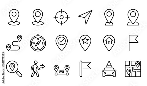 A set of navigation icons including location markers and directional symbols