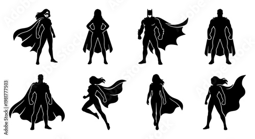 Superhero silhouette collection, 8 black comic book hero characters with capes, powerful male and female action figures, vector graphic set