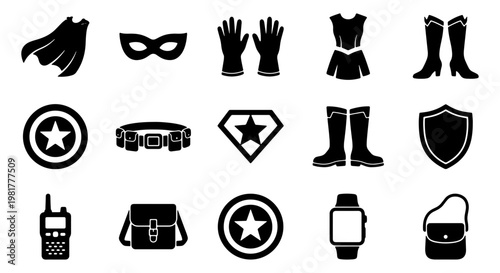 Superhero costume icons set, 15 black vector silhouettes of hero gear and accessories, comic book character equipment and outfit elements