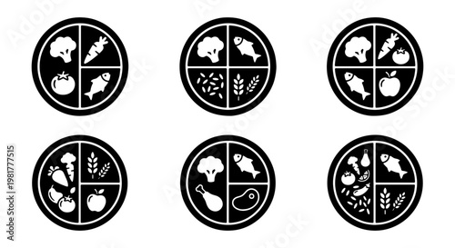 Healthy food plate icons set, balanced nutrition portion control diagrams, black and white meal planning vector elements for diet and wellness