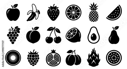 Minimalist fruit icon set with 18 black vector symbols, organic food silhouettes for grocery branding, healthy snack and produce graphic elements