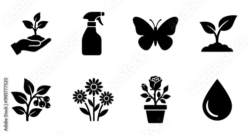 Gardening and nature icon set, black solid vector silhouettes of plants and flowers, 8 botanical elements for landscaping and horticulture design