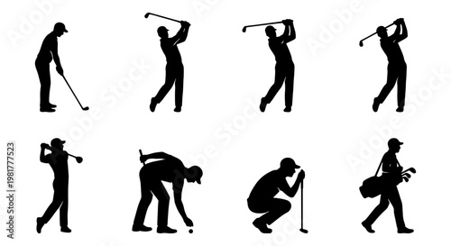 Professional golf player silhouettes set, 8 vector icons of golfers in action, male athlete swinging club and walking with bag, sports competition graphics