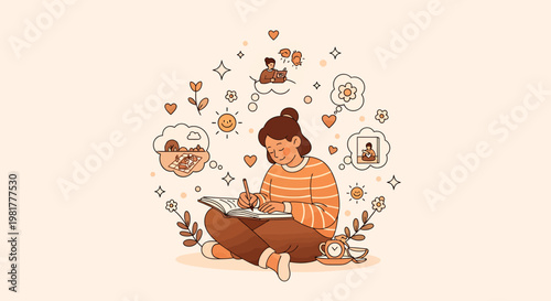 Creative Young Woman Journaling and Reflecting on Her Thoughts, Embracing Mindfulness and Self-Expression for Personal Growth and Well-being