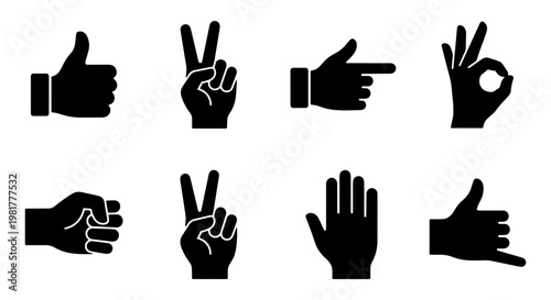 Black hand gesture icons set, flat vector silhouettes of human hands showing thumbs up and peace signs, 8 communication symbols for web design